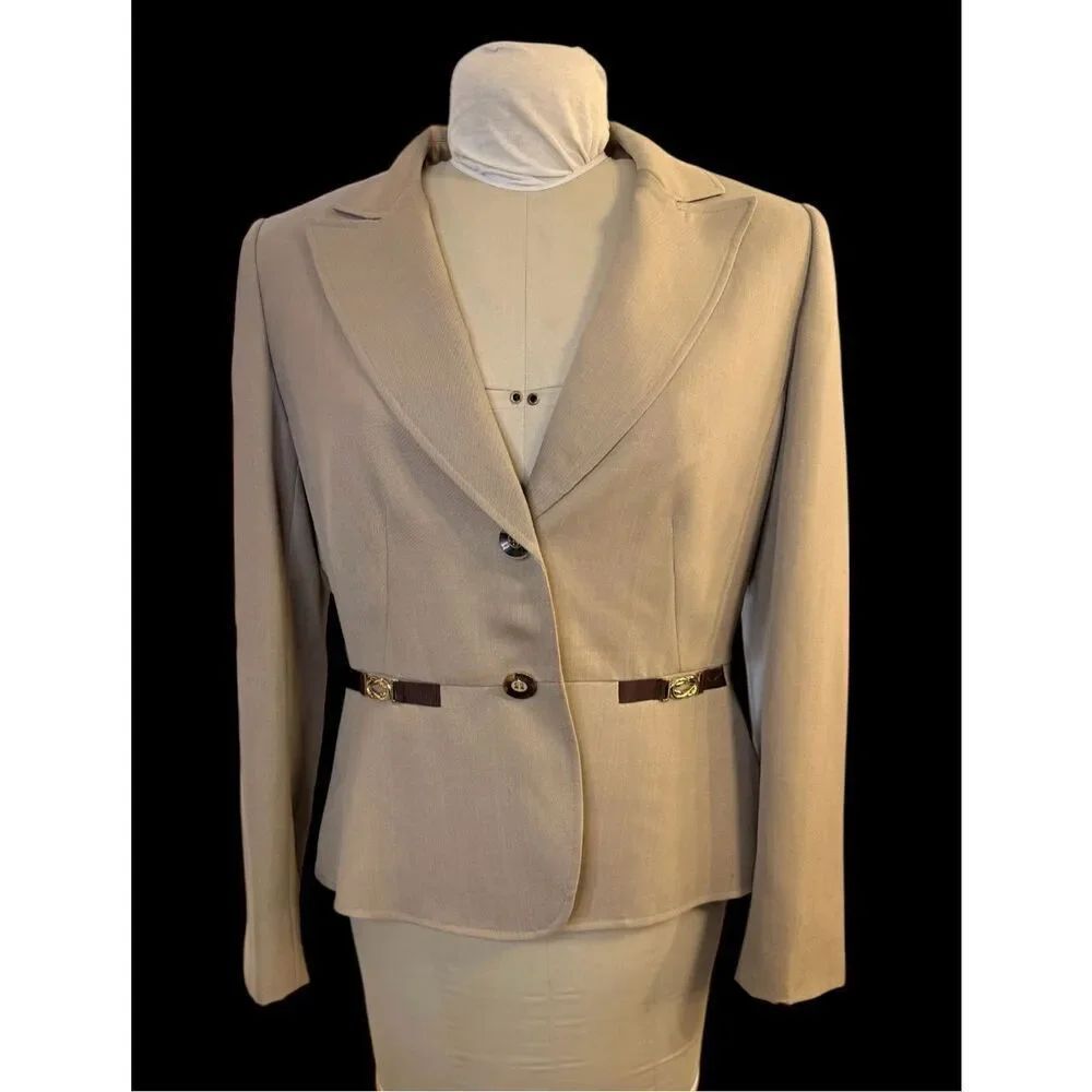 TAHARI Brown Tan Wool Belt Detail 2-Button Blazer Sz. 12 Career Professional - Picture 2 of 16